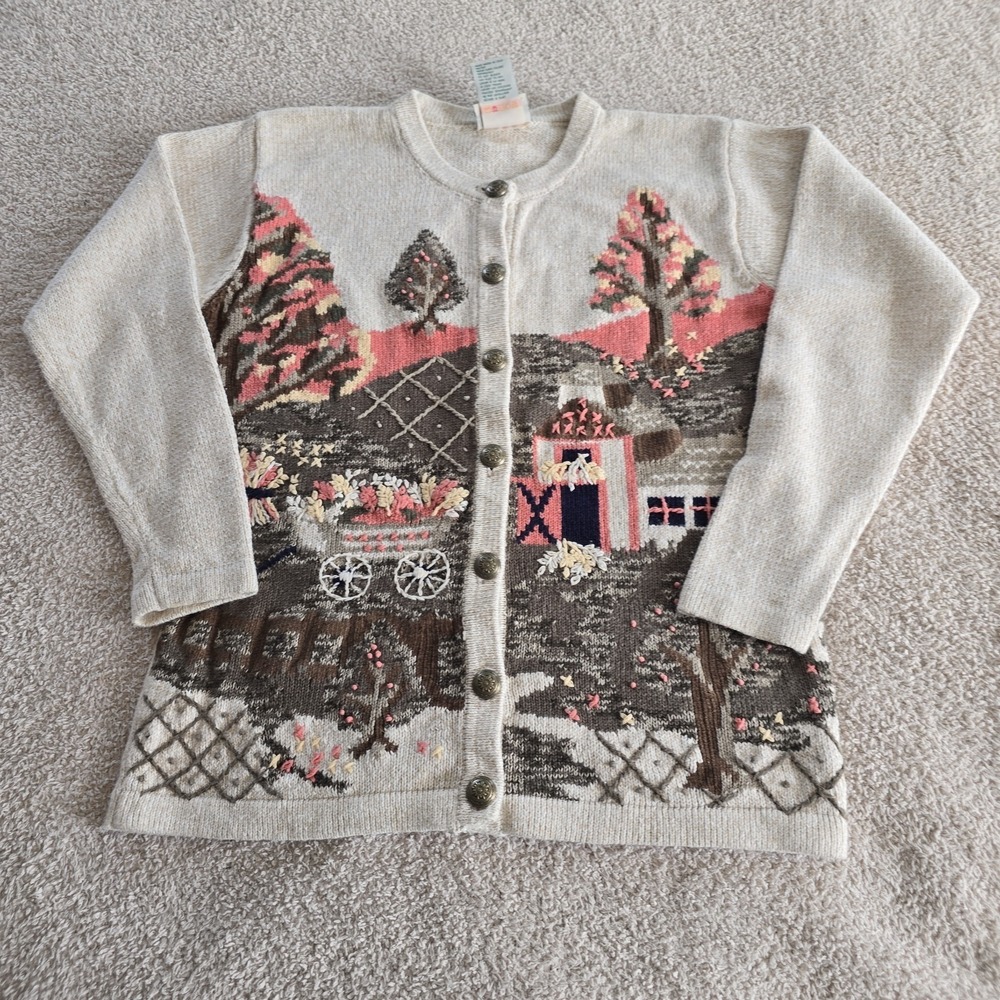 Vtg 90s Northern Reflections Scenic Cardigan Sweater Farmhouse Floral Trees Sz S
